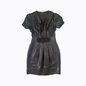 BCBGMaxAzria Black Silk Y2K Dress 4 Ruffle V-Neck Sheen Whimsigoth Coquette Chic